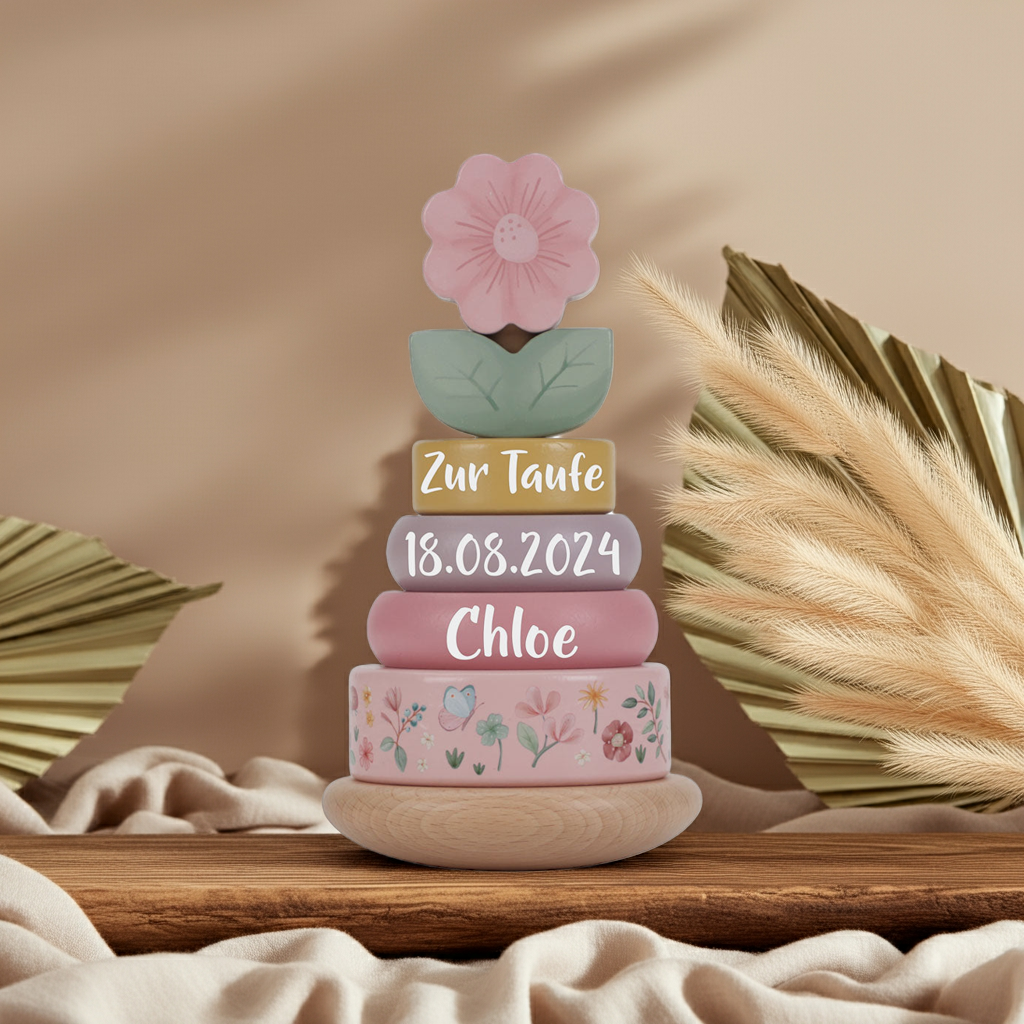 Personalisierter Holz-Stapelturm zur Taufe – liebevolles Geschenk mit Name und Datum