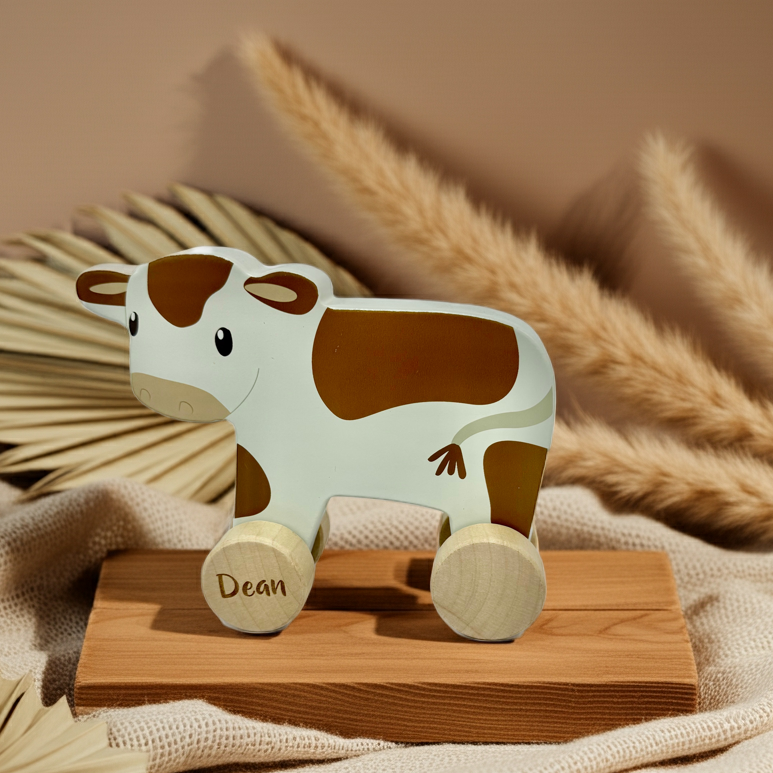 Personalisiertes Holzspielzeug als Babygeschenk – kleine Holzkuh auf Rollen mit eingraviertem Namen auf naturfarbener Stoffkulisse
