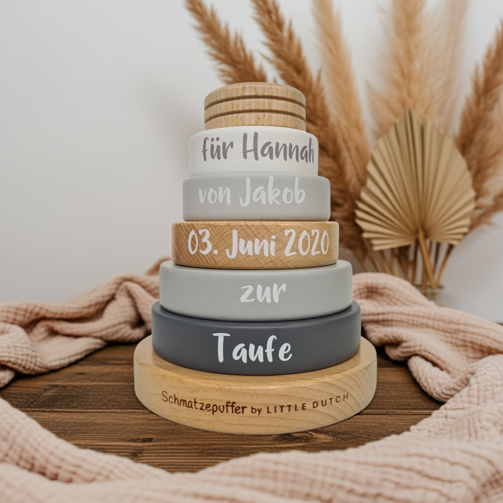 Stapelturm "Schmatzepuffer Edition" - Zur Taufe - Holz bedruckt | Little Dutch