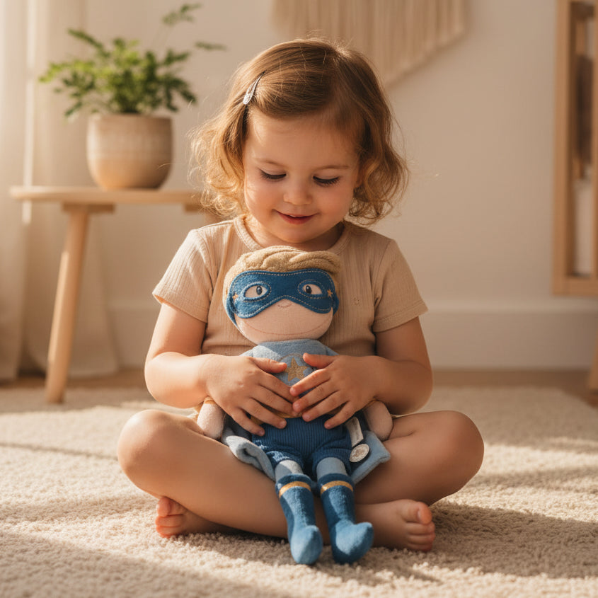Kleinkind spielt mit Kuschelpuppe Superheld Jim im Kinderzimmer – weiche Stoffpuppe zum Kuscheln und Spielen
