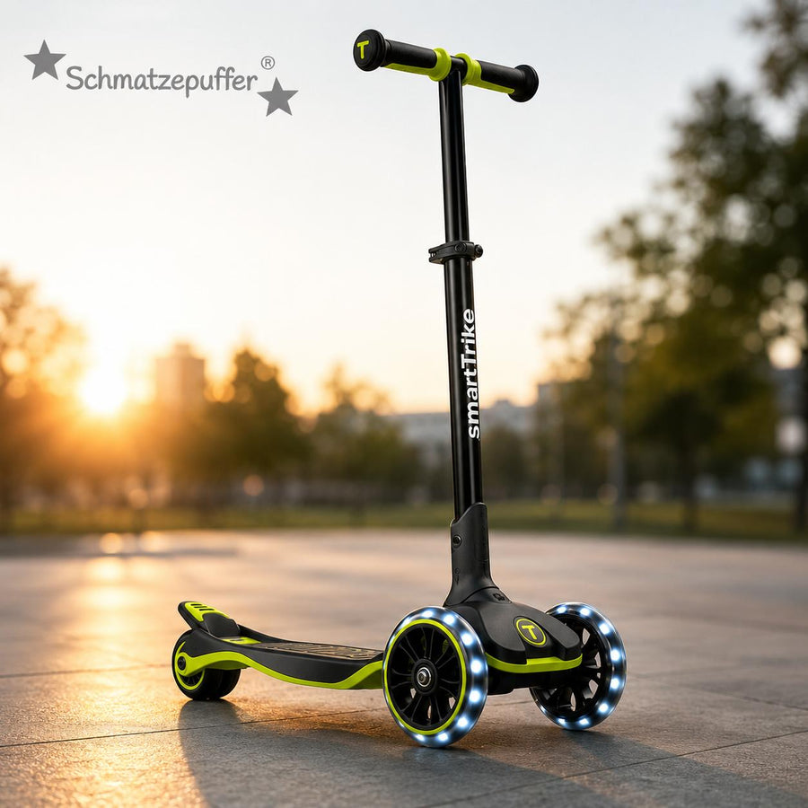 Kind fährt mit mitwachsendem Kinderroller mit LED Rädern im Alltag – sicherer Scooter für mehrere Jahre