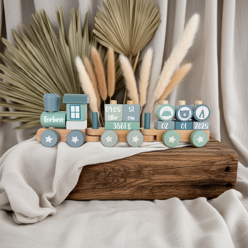 Holz-Zug Adventure Blau - Zur Geburt | Little Dutch