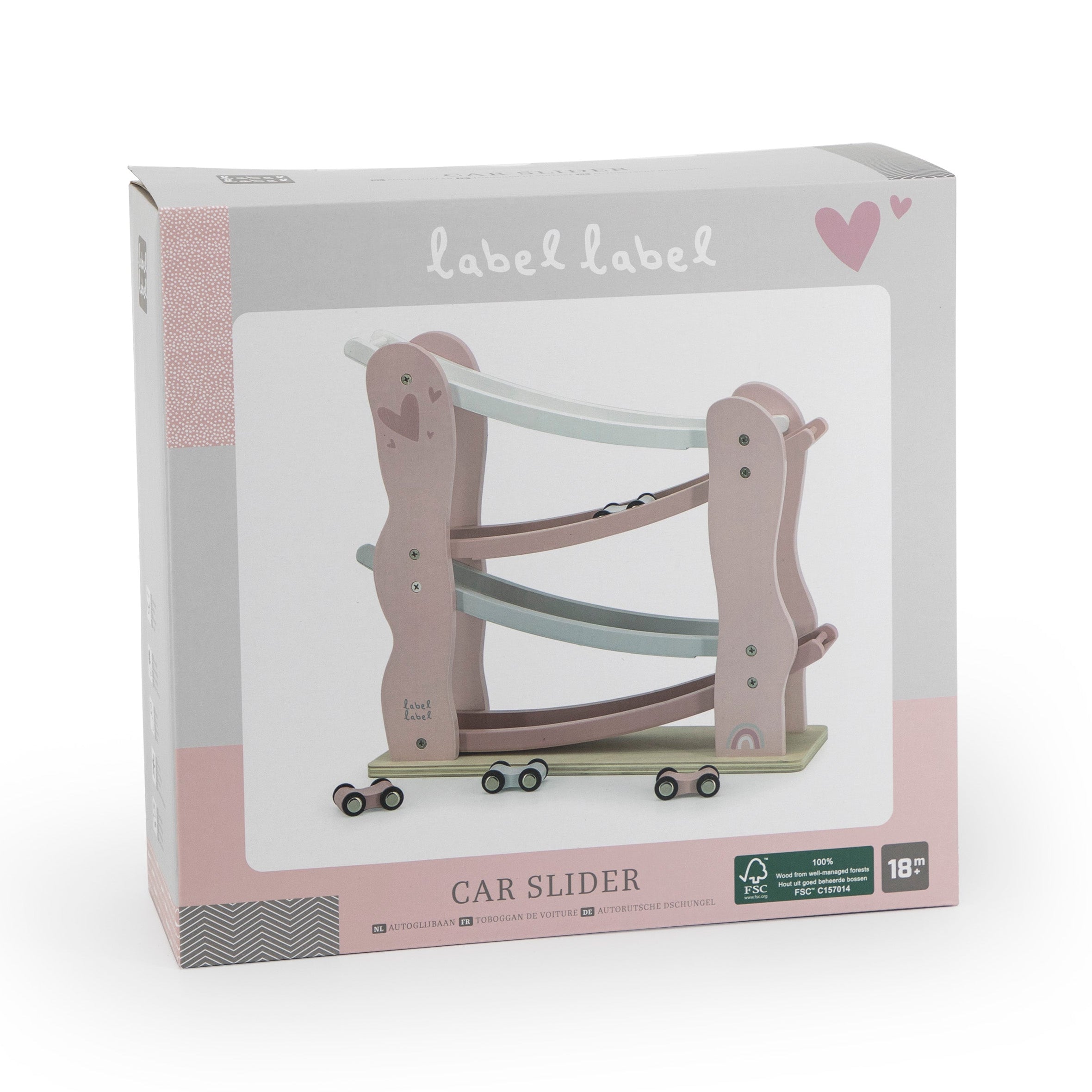 Label Label Autorennbahn aus Holz in Rosa mit 4 Autos aus der Rückansicht