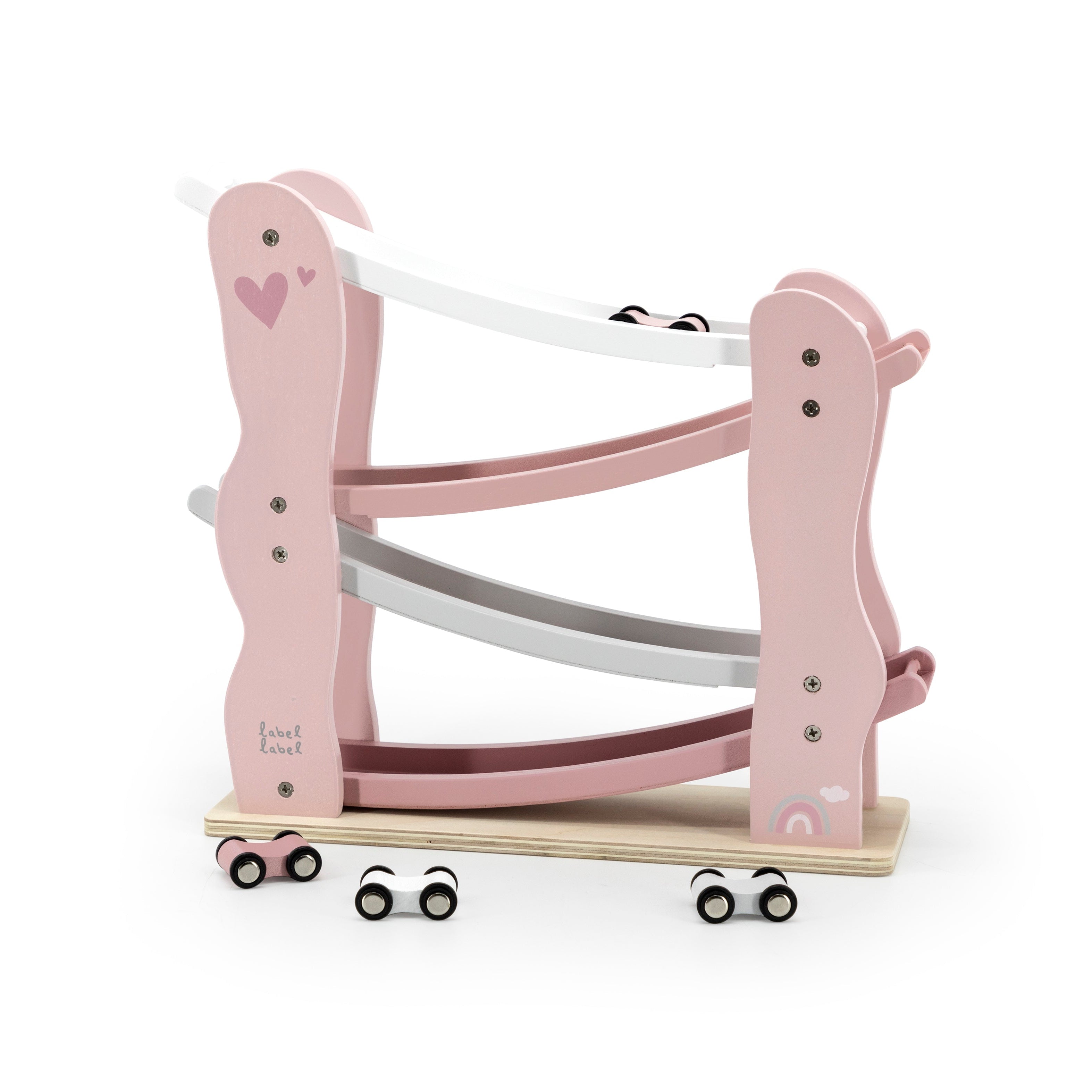 Label Label Autorennbahn aus Holz in Rosa mit 4 Autos aus der Schrägansicht