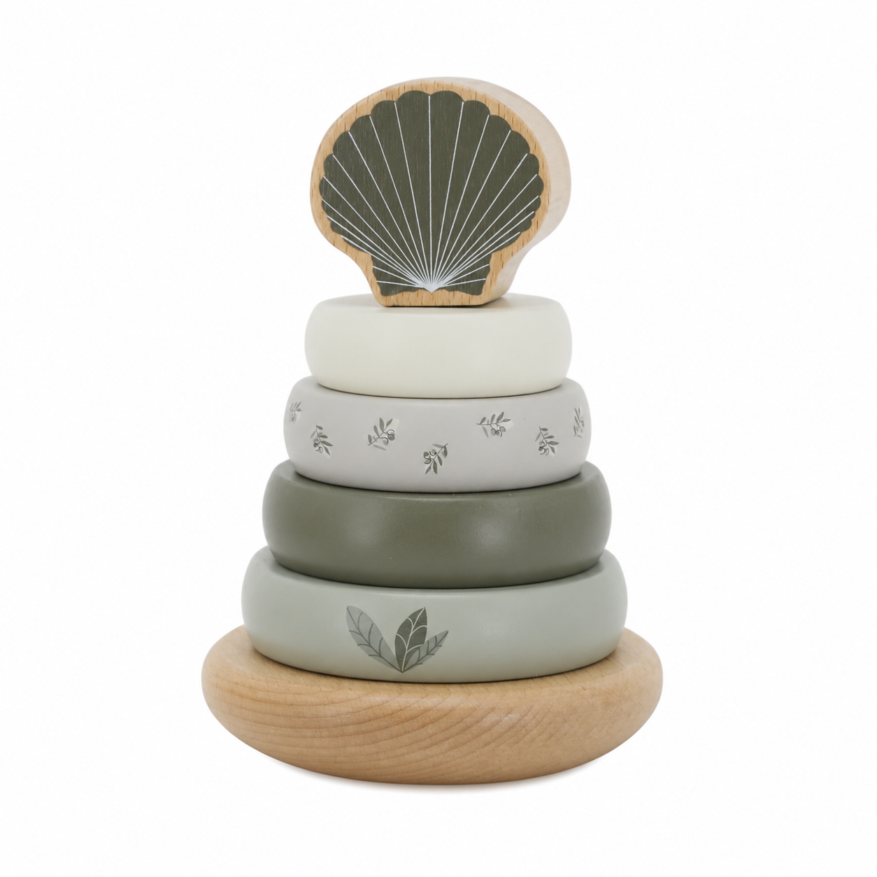 Label Label Stapelturm Balance Olive Green aus Holz für Babys und Kleinkinder auf weißem Hintergrund