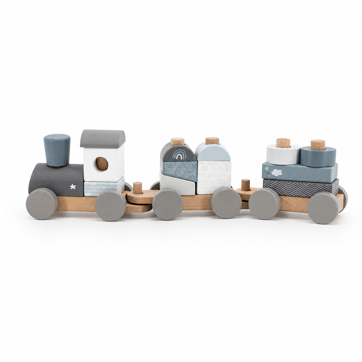 Label Label Stapelzug aus Holz in Blau als Motorikspielzeug für Kinder mit Lokomotive und zwei Waggons in Seitenansicht