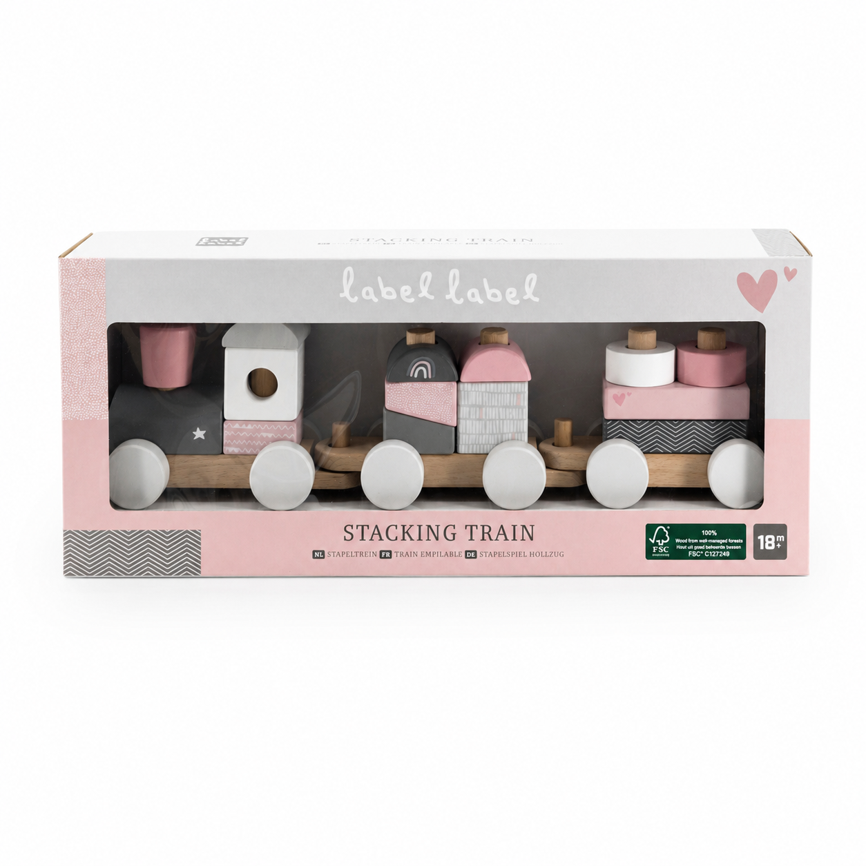 Label Label Stapelzug aus Holz in Rosa in der Originalverpackung als hochwertiges Motorikspielzeug für Kinder ab 18 Monaten