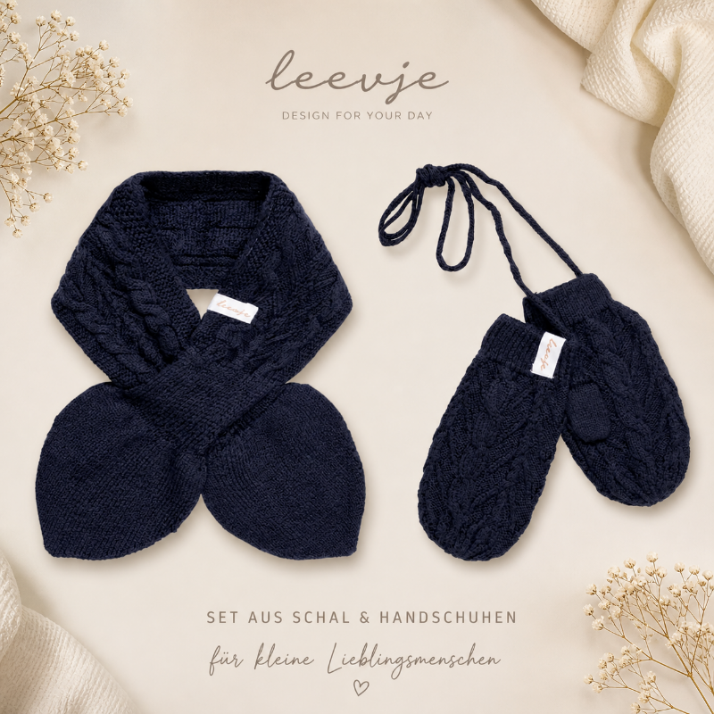 Baby Set aus Schal und Handschuhen in Dunkelblau – weiche Strickaccessoires als stilvolles Geschenk für Babys und Kleinkinder