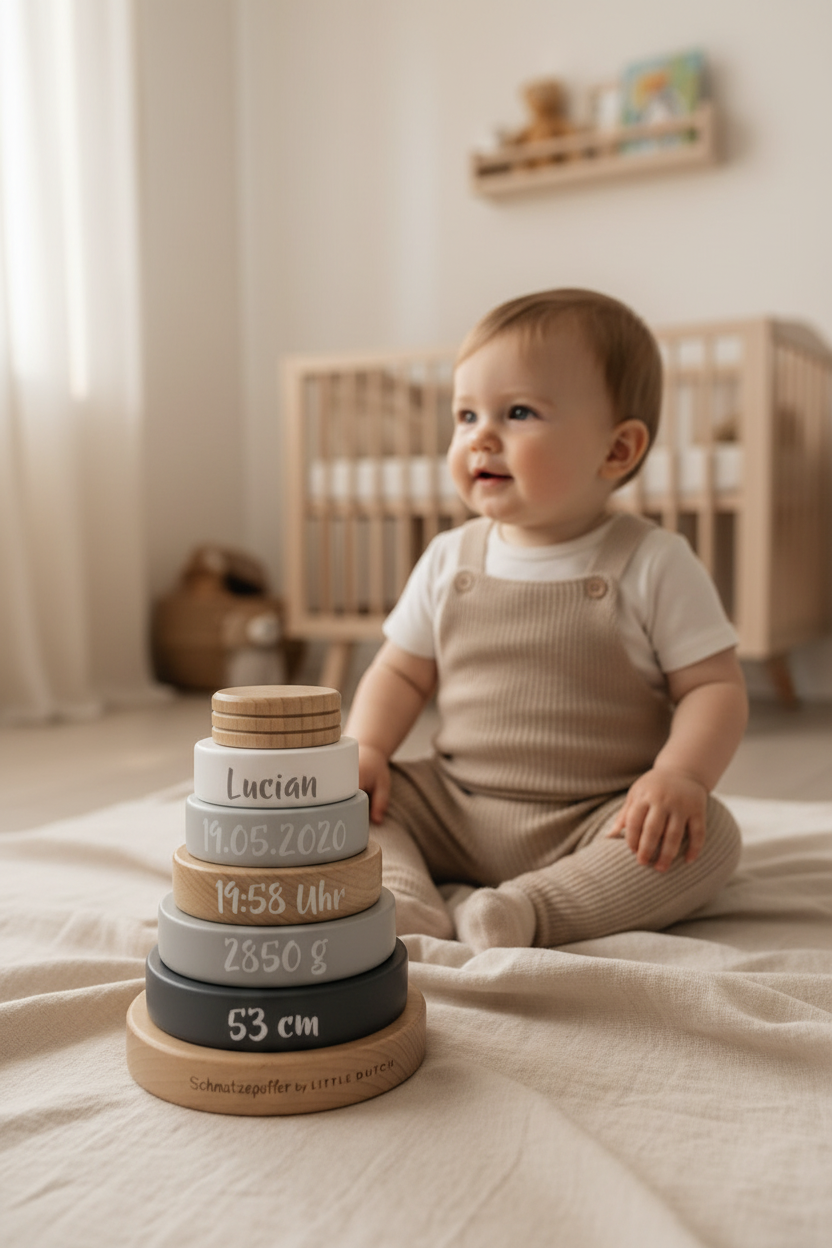 Gepersonaliseerde houten stapeltoren voor een geboorte van Schmatzepuffer