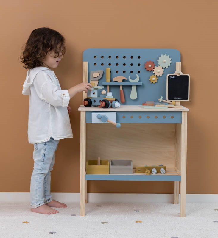 Werkbank mit Lasergravur, Holz blau | Little Dutch personalisierbar