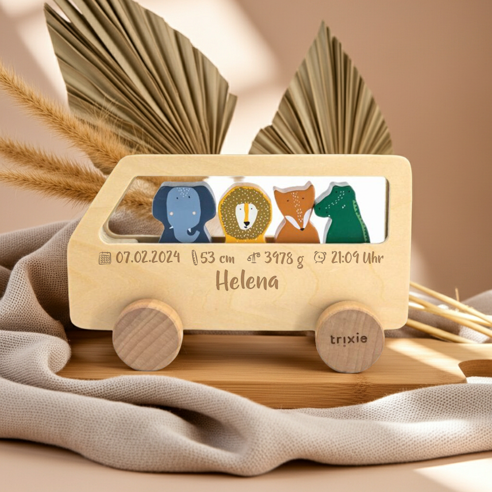 Holzbus mit Tieren – schönes Geschenk zur Geburt für Jungen