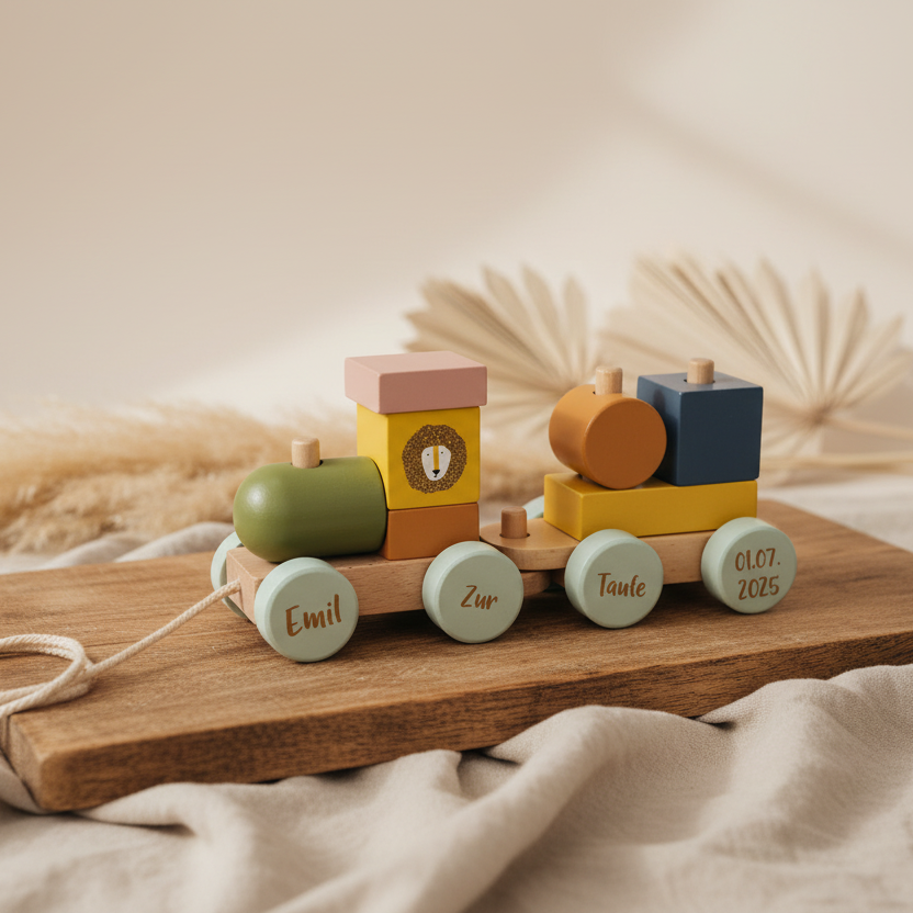 Personalisierte Mini Tiereisenbahn aus Holz zur Taufe mit Name und Datum auf den Rädern – Geschenkidee von Schmatzepuffer