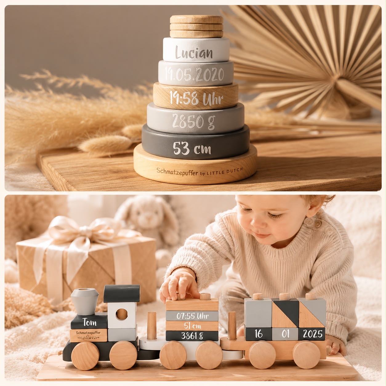 Personalisiertes Geschenkset zur Geburt mit Holzzug und Stapelturm