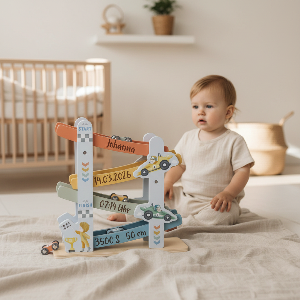 Gepersonaliseerde houten racebaan met naam – een bijzonder cadeau voor kinderen