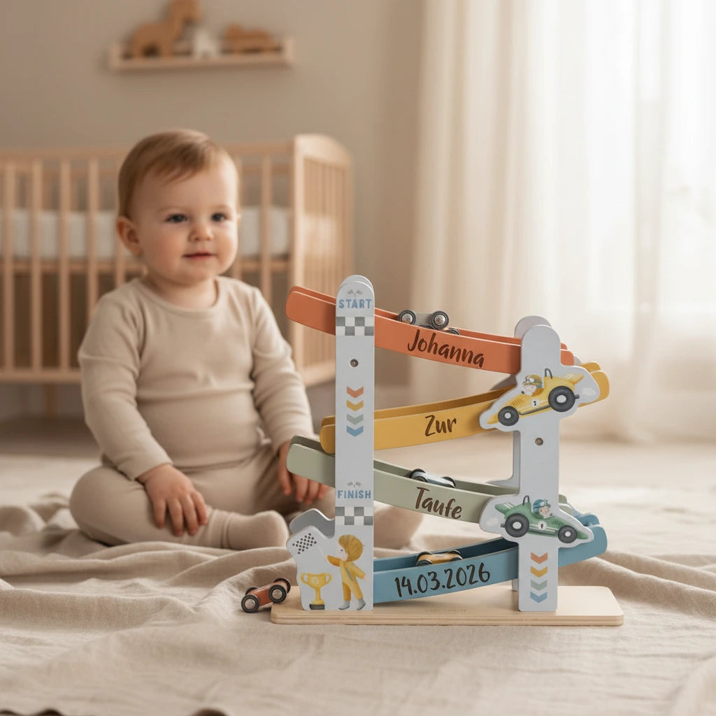 Kind spielt mit personalisierter Holz Rennbahn mit Name und Taufdaten als Geschenk zur Taufe im Kinderzimmer
