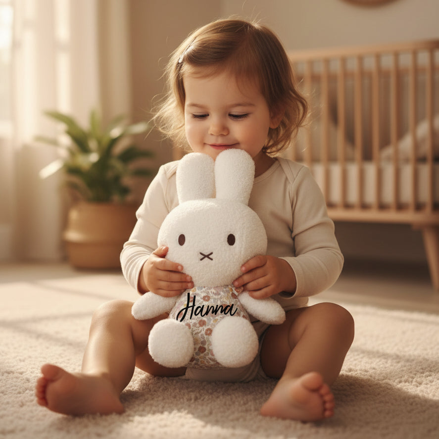 Kleines Mädchen sitzt im Kinderzimmer und hält ein personalisiertes Kuscheltier mit Namen in den Händen – liebevolles Geschenk zur Geburt oder Taufe