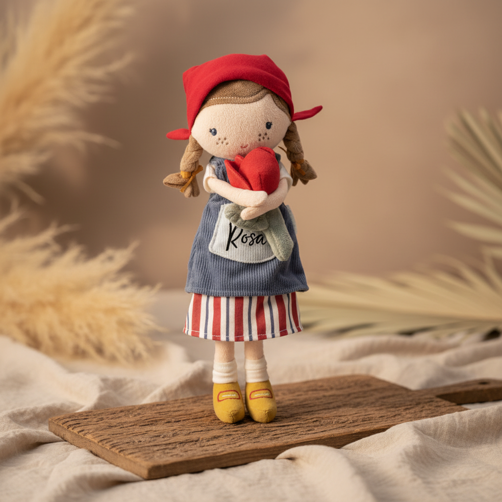 Personalisierte Stoffpuppe für Mädchen mit Herz in warmem Boho-Setting – liebevolles Geschenk zur Geburt oder Taufe mit Namen
