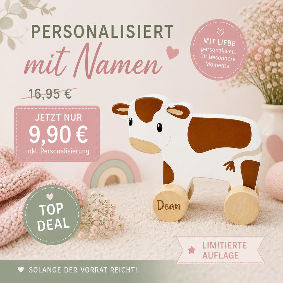 Personalisierte Holz-Kuh mit Namen als Geschenk zur Geburt