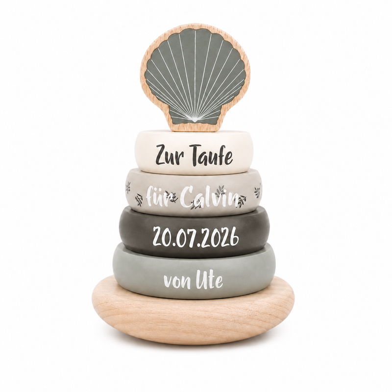 Personalisierter Holz Stapelturm mit Muschel in Grau zur Taufe mit Name, Taufdatum und Widmung als individuelles Taufgeschenk für Jungen und Mädchen
