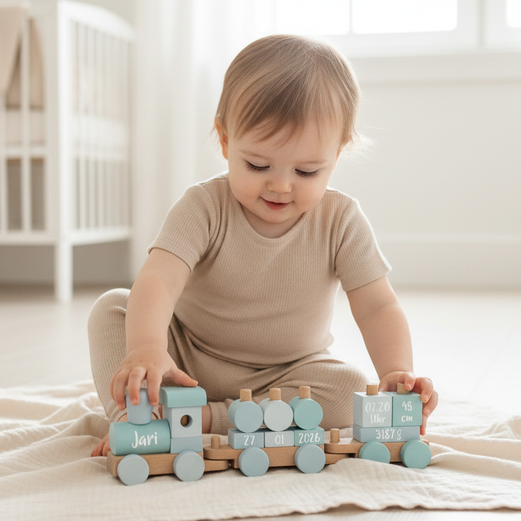 Personalisierter Holz-Zug blau – Geschenk zur Geburt mit Name | Schmatzepuffer