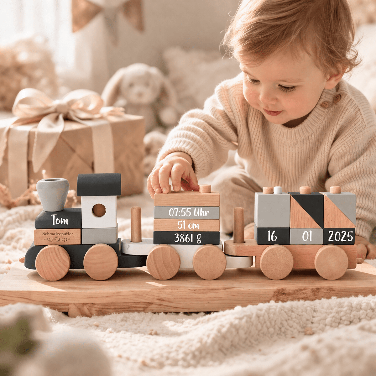 Personalisierter Holzzug als Geschenk zur Geburt mit Name und Geburtsdaten von Schmatzepuffer