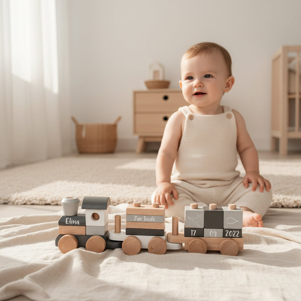 Baby sitzt im Kinderzimmer vor personalisiertem Holzzug mit Name und Geburtsdatum – besonderes personalisiertes Geschenk zur Taufe oder Geburt von Schmatzepuffer