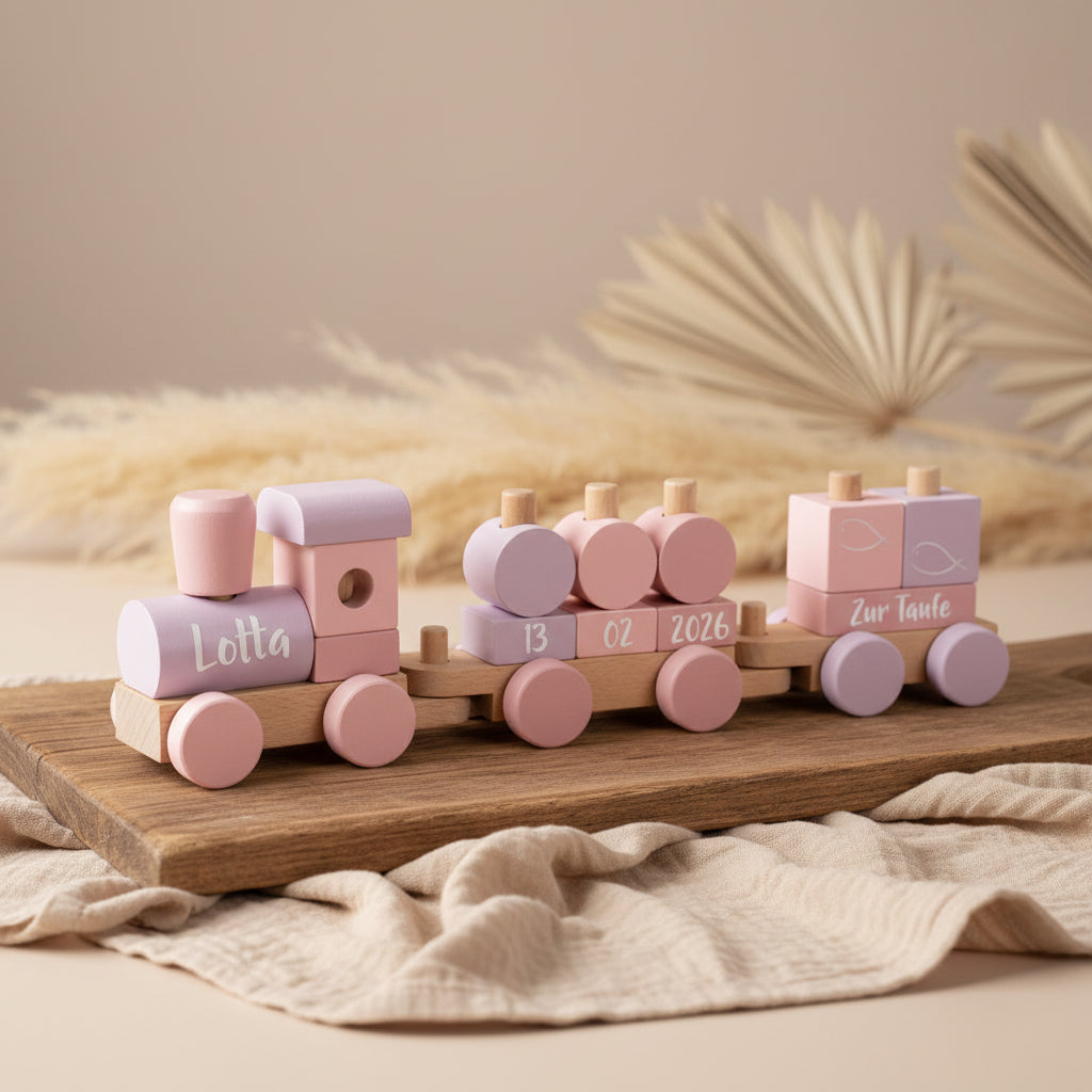 Personalisierter Holzzug in Rosa zur Taufe mit Name, Taufdatum und Schriftzug Zur Taufe
