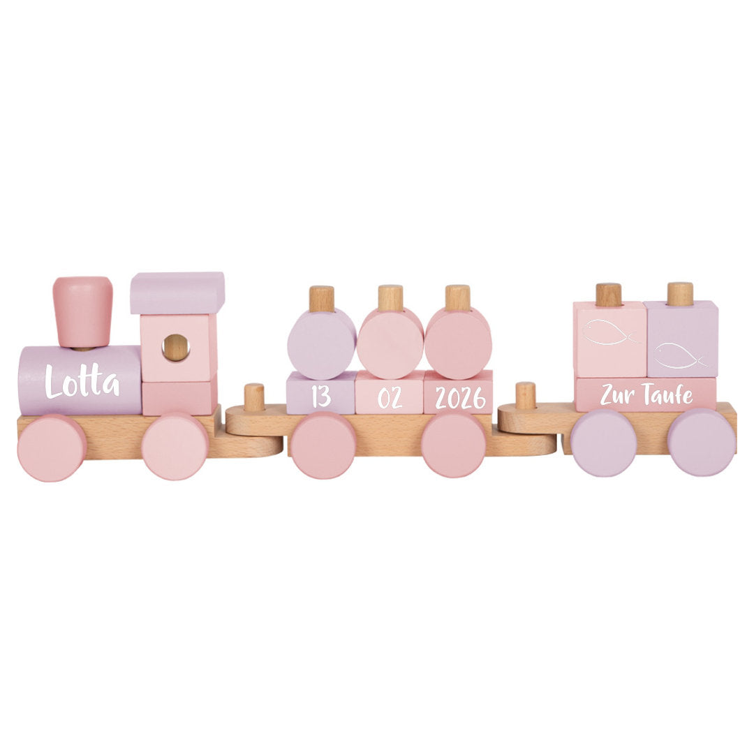 Personalisierter Holzzug in Rosa zur Taufe mit Name, Taufdatum und Schriftzug Zur Taufe