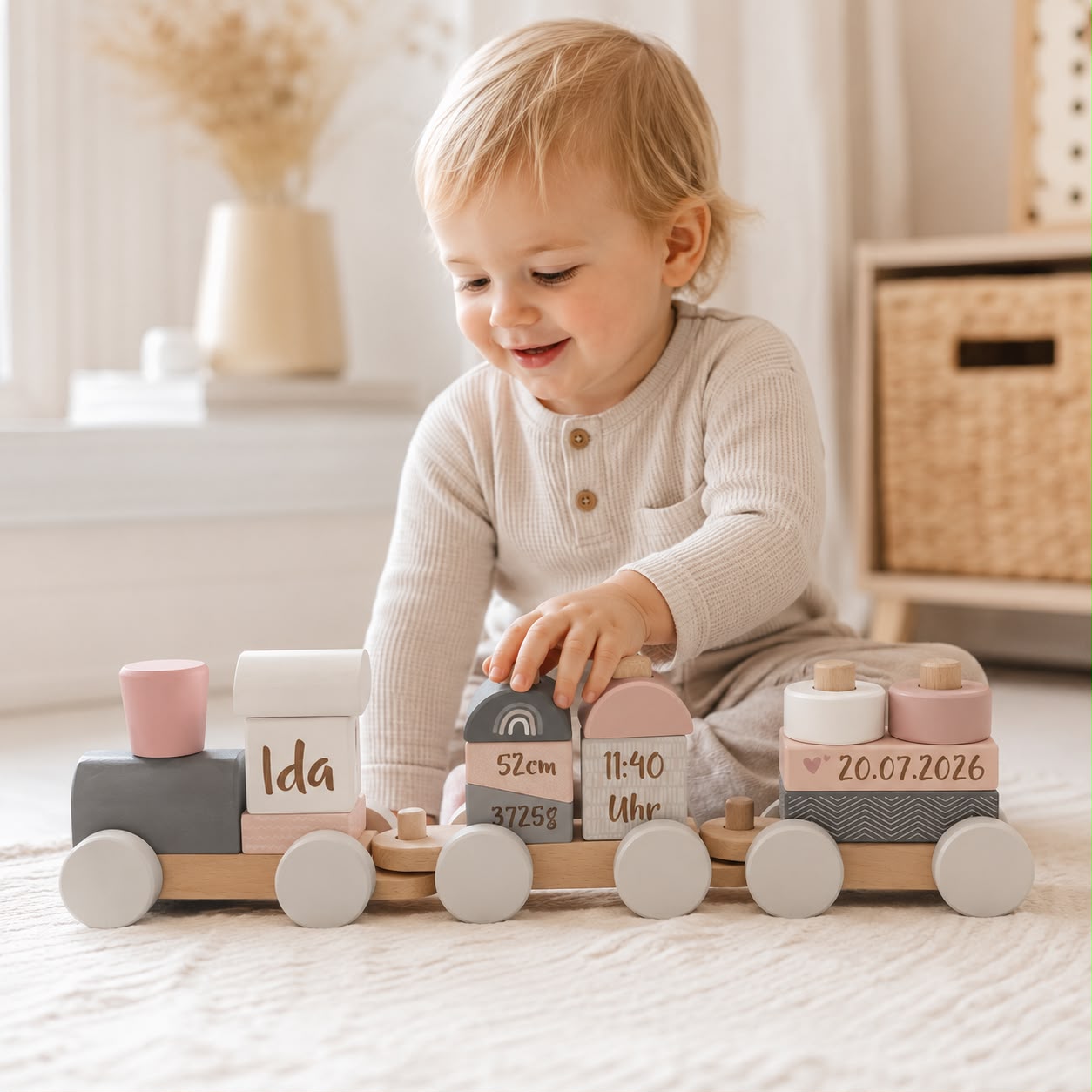 Baby spielt mit einem personalisierten Holzzug zur Geburt in Rosa und Grau. Der hochwertige Holzzug mit Name, Geburtsdatum, Uhrzeit, Gewicht und Größe steht vollständig im Vordergrund und wird in einer hellen, skandinavischen Lifestyle-Szene natürlich präsentiert.