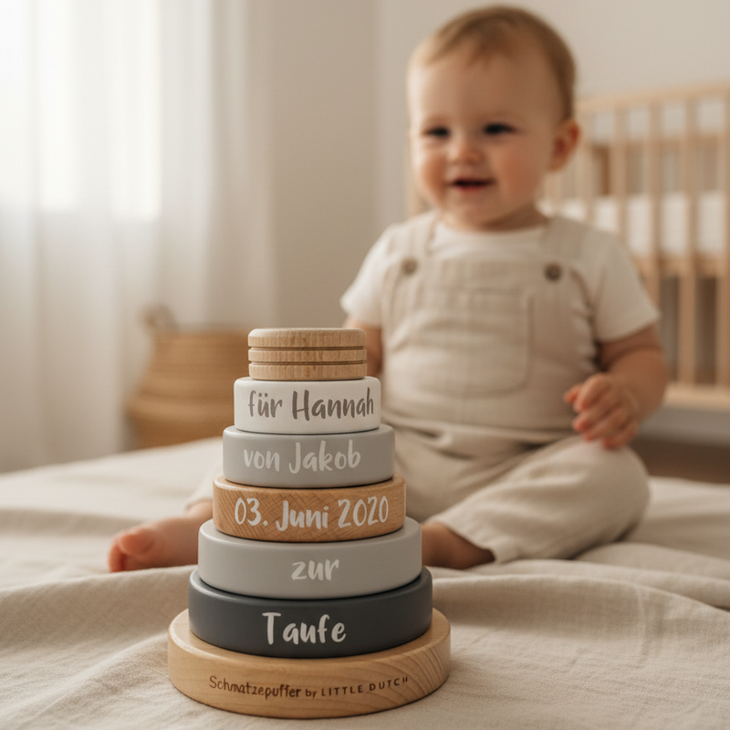 Personalisierter Stapelturm aus Holz mit Name und Datum als Geschenk zur Taufe, Baby sitzt daneben und spielt damit
