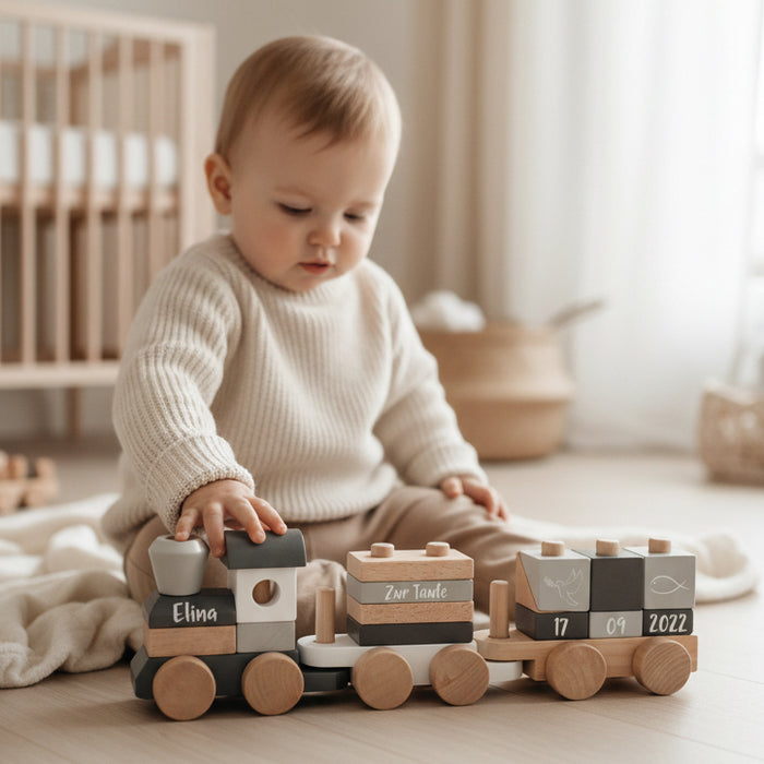 personalisiertes Holzzug Taufgeschenk mit Name und Datum – liebevolles Geschenk zur Taufe