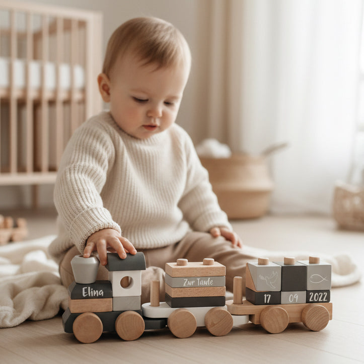 Personalisierter Holzzug zur Taufe mit Name und Datum – besonderes Geschenk zur Taufe aus Holz für Jungen und Mädchen