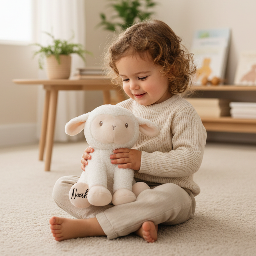 Kind sitzt auf Teppich und spielt mit personalisiertem Kuscheltier Schaf mit Name als Geschenk zur Geburt