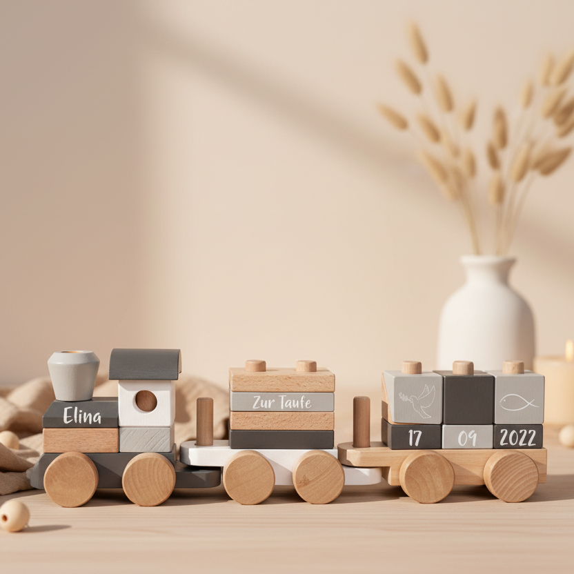 Personalisierter Holzzug zur Taufe mit Name und Datum aus Holz – emotionales und hochwertiges Taufgeschenk für Jungen und Mädchen mit bleibender Erinnerung
