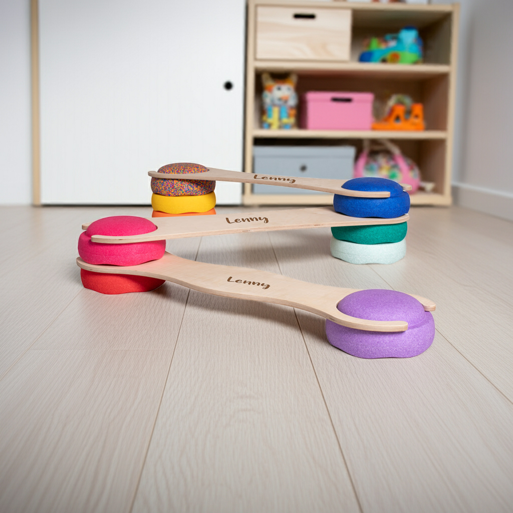 Personalisiertes tiSsi Stapelboard 3er Set mit Namen im Kinderzimmer, Balanceboard passend für Stapelsteine zur Förderung von Bewegung, Motorik und Gleichgewicht bei Kindern