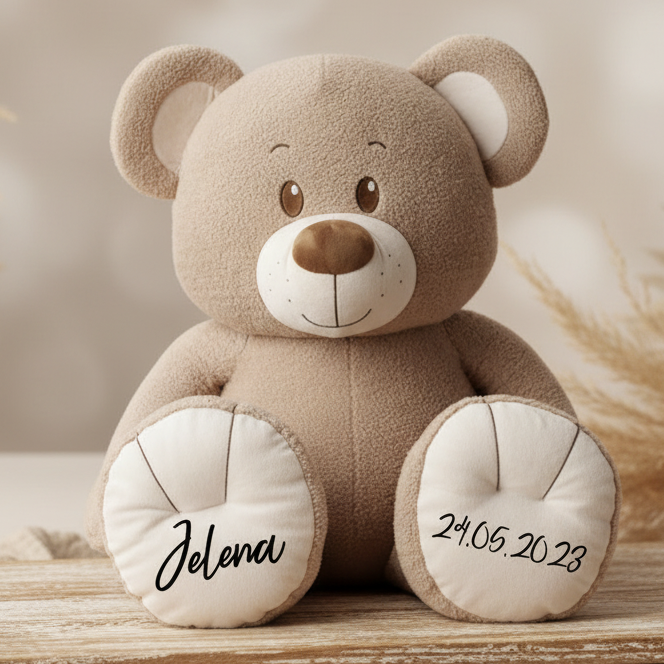 Großer personalisierter Teddybär mit Namen und Geburtsdatum als besonderes Geschenk zur Geburt oder Taufe bei Schmatzepuffer